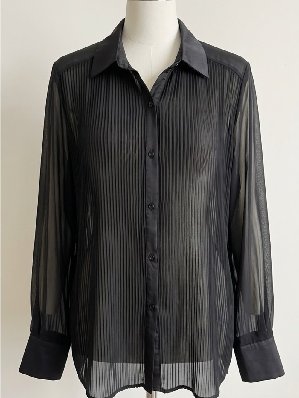 Fashion Nova Black Sheer Pleated Button-Down Shirt